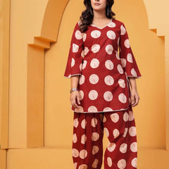 Women's Maroon Printed Pure Cotton Kurti Farshi Salwar Set