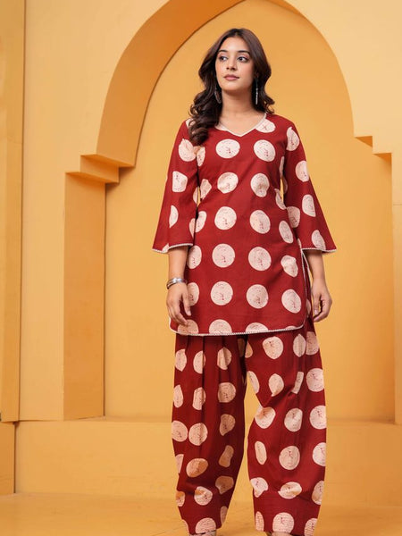 Women's Maroon Printed Pure Cotton Kurti Farshi Salwar Set